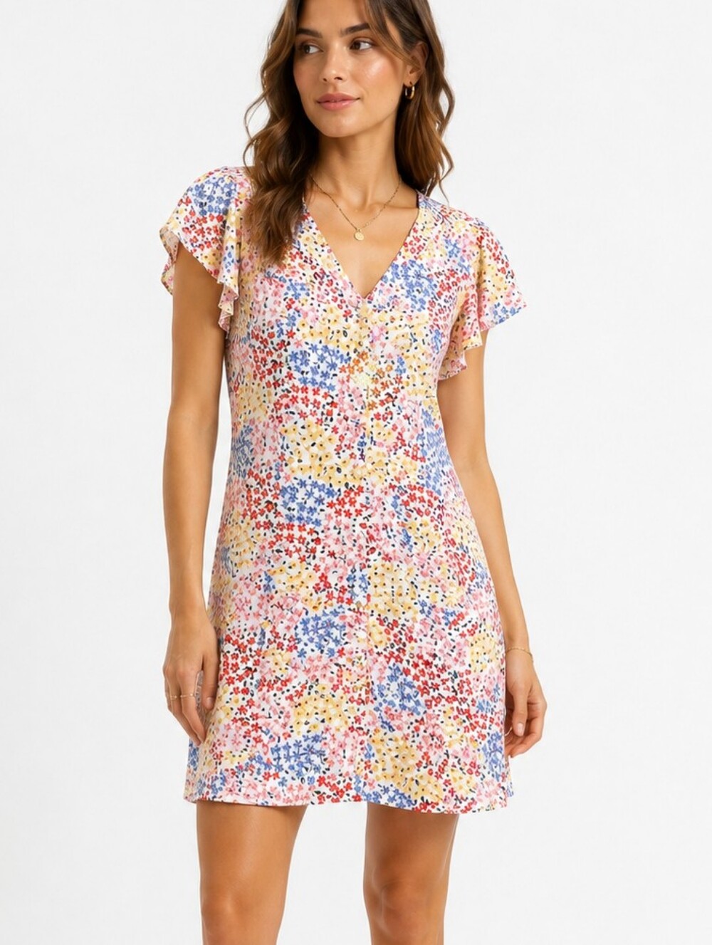 Rails Helena Flower Meadow Floral Mini Dress Flutter Sleeve Button Front M